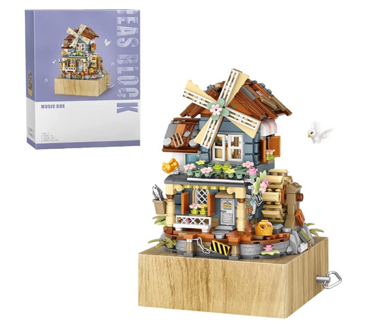 LOZ Windmill Music Box PHYNEDI Goshfun 799Pcs Street View Windmill Music Box Bricks Model Set
